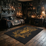 Golden Occult Figure Area Rug wide room view with Halloween decorations