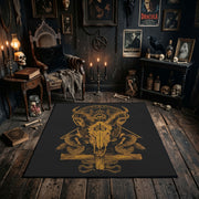 Golden Occult Figure Area Rug styled in a candlelit gothic living room