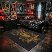 Golden Occult Figure Area Rug shown beside a dark bed in a Halloween themed bedroom