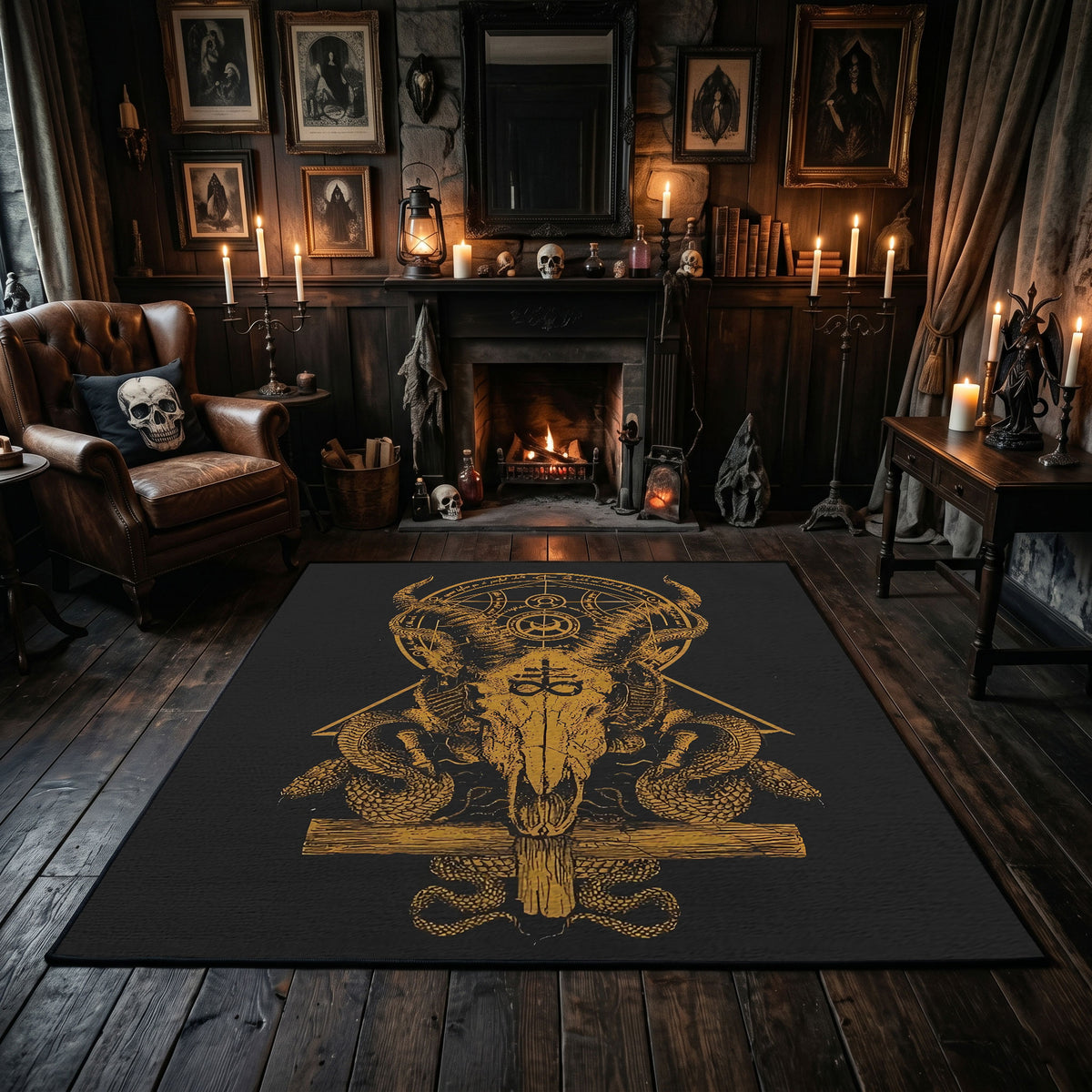 Golden Occult Figure Area Rug displayed beside red accented shelving