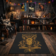 Golden Occult Figure Area Rug front view in a warm candlelit room
