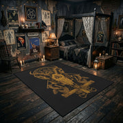 Golden Occult Figure Area Rug displayed in a richly decorated room