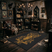 Golden Occult Figure Area Rug angled view beside gothic bedroom furniture
