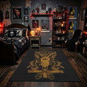 Golden Occult Figure Area Rug displayed beneath gothic wall art