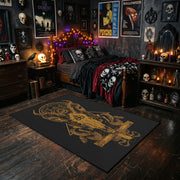 Golden Occult Figure Area Rug styled with red shelves and spooky ornaments