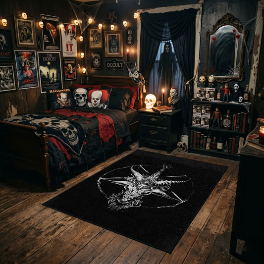 Horned Star Line Art Area Rug styled in a gothic bedroom with dark furniture