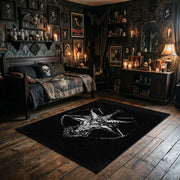 Horned Star Line Art Area Rug wide room view with Halloween decorations
