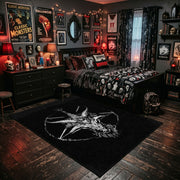 Horned Star Line Art Area Rug shown beside a dark bed in a Halloween themed bedroom
