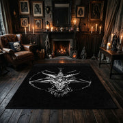Horned Star Line Art Area Rug displayed beside red accented shelving