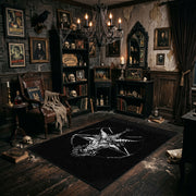 Horned Star Line Art Area Rug angled view beside gothic bedroom furniture