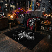 Horned Star Line Art Area Rug styled with red shelves and spooky ornaments