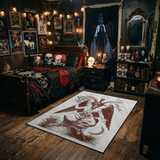 Crimson Winged Figure Area Rug styled in a gothic bedroom with dark furniture