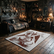 Crimson Winged Figure Area Rug wide room view with Halloween decorations