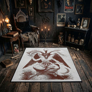 Crimson Winged Figure Area Rug styled in a candlelit gothic living room