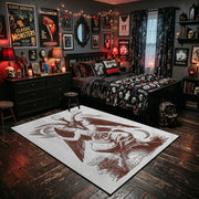 Crimson Winged Figure Area Rug shown beside a dark bed in a Halloween themed bedroom