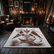 Crimson Winged Figure Area Rug displayed beside red accented shelving