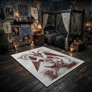 Crimson Winged Figure Area Rug displayed in a richly decorated room
