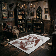 Crimson Winged Figure Area Rug angled view beside gothic bedroom furniture
