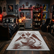 Crimson Winged Figure Area Rug displayed beneath gothic wall art