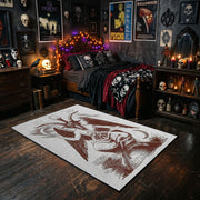 Crimson Winged Figure Area Rug styled with red shelves and spooky ornaments
