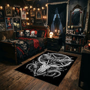 Ornate Star and Horned Figure Area Rug styled in a gothic bedroom with dark furniture