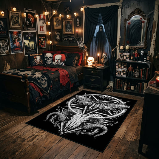 Ornate Star and Horned Figure Area Rug styled in a gothic bedroom with dark furniture