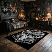 Ornate Star and Horned Figure Area Rug wide room view with Halloween decorations