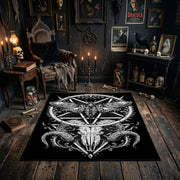 Ornate Star and Horned Figure Area Rug styled in a candlelit gothic living room