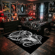 Ornate Star and Horned Figure Area Rug shown beside a dark bed in a Halloween themed bedroom