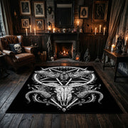 Ornate Star and Horned Figure Area Rug displayed beside red accented shelving