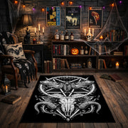 Ornate Star and Horned Figure Area Rug front view in a warm candlelit room