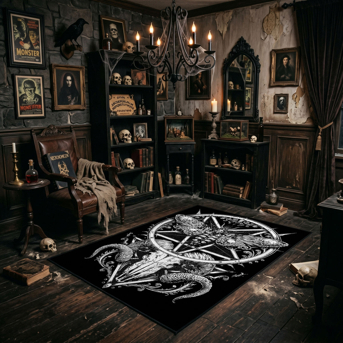 Ornate Star and Horned Figure Area Rug angled view beside gothic bedroom furniture