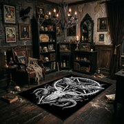Ornate Star and Horned Figure Area Rug angled view beside gothic bedroom furniture