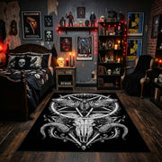 Ornate Star and Horned Figure Area Rug displayed beneath gothic wall art