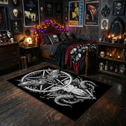 Ornate Star and Horned Figure Area Rug styled with red shelves and spooky ornaments