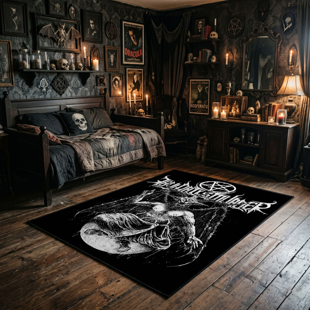 Winged Occult Creature Area Rug wide room view with Halloween decorations