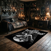 Winged Occult Creature Area Rug wide room view with Halloween decorations