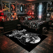 Winged Occult Creature Area Rug shown beside a dark bed in a Halloween themed bedroom