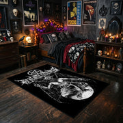 Winged Occult Creature Area Rug styled with red shelves and spooky ornaments