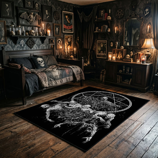 Horned Skull Moon Area Rug wide room view with Halloween decorations