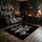Goat Star Tarot Area Rug wide room view with Halloween decorations