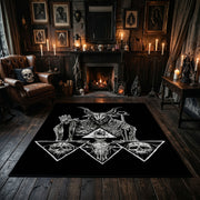 Goat Star Tarot Area Rug displayed beside red accented shelving