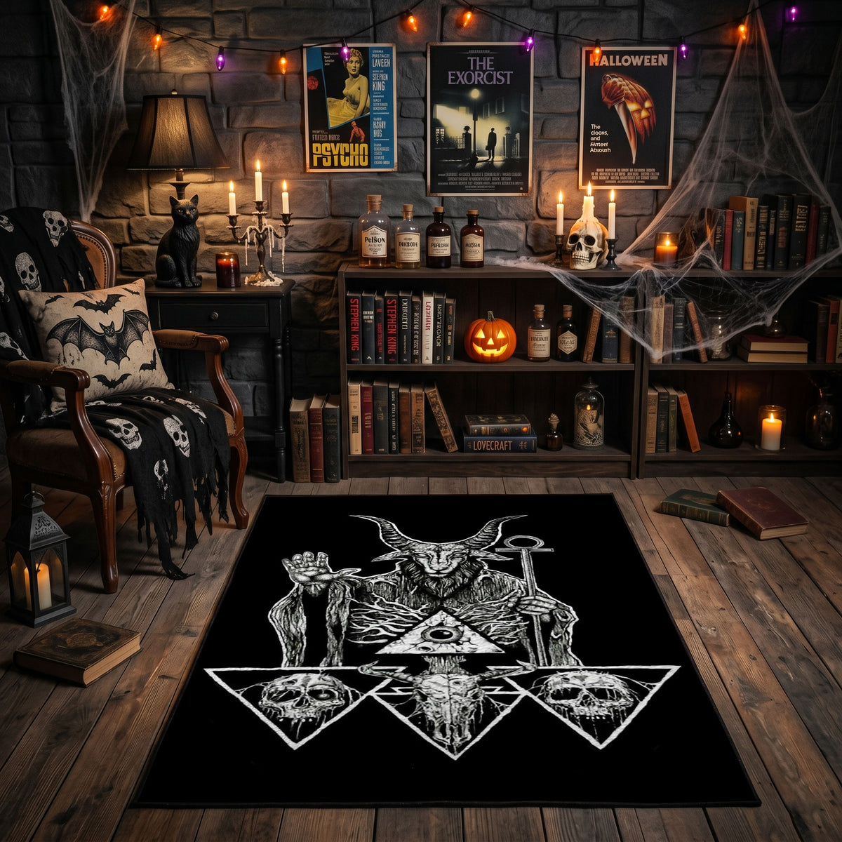Goat Star Tarot Area Rug front view in a warm candlelit room