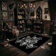 Goat Star Tarot Area Rug angled view beside gothic bedroom furniture