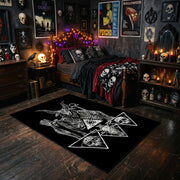 Goat Star Tarot Area Rug styled with red shelves and spooky ornaments