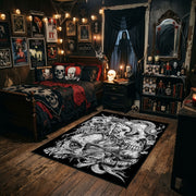Ornate Skull Serpent Area Rug styled in a gothic bedroom with dark furniture