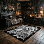 Ornate Skull Serpent Area Rug wide room view with Halloween decorations
