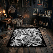 Ornate Skull Serpent Area Rug styled in a candlelit gothic living room