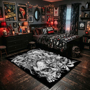 Ornate Skull Serpent Area Rug shown beside a dark bed in a Halloween themed bedroom