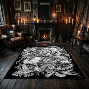 Ornate Skull Serpent Area Rug displayed beside red accented shelving